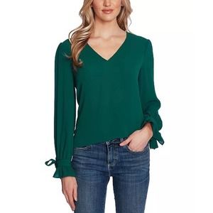 CeCe Long Sleeve with Ties and Ruffle Blouse Alpine Green Size Medium